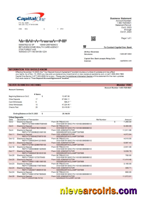 Capital One bank corporate account statement Word and PDF